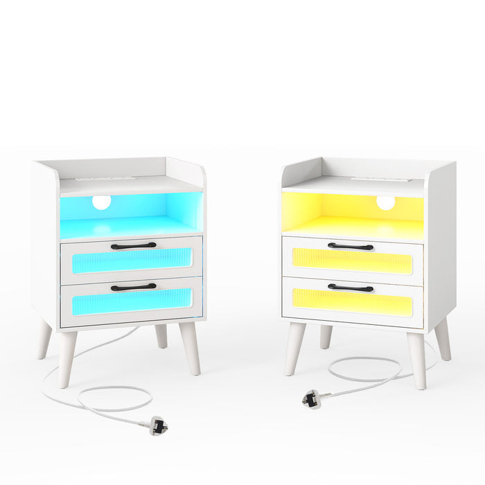 Set of 2 Mid Century Nightstand Modern Bedside Table with Charging Station-