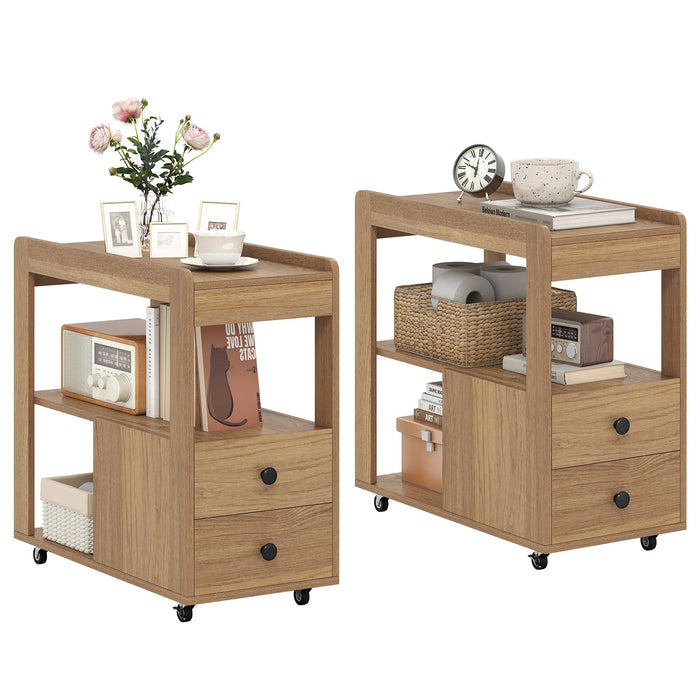 Set of 2 Modern 2-Drawer Sofa Side Table with Open Shelves-