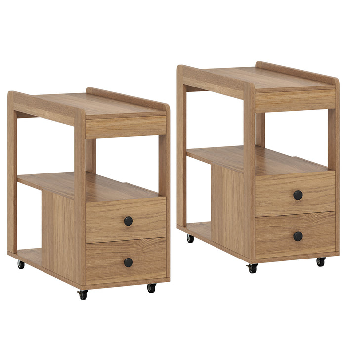 Set of 2 Modern 2-Drawer Sofa Side Table with Open Shelves-