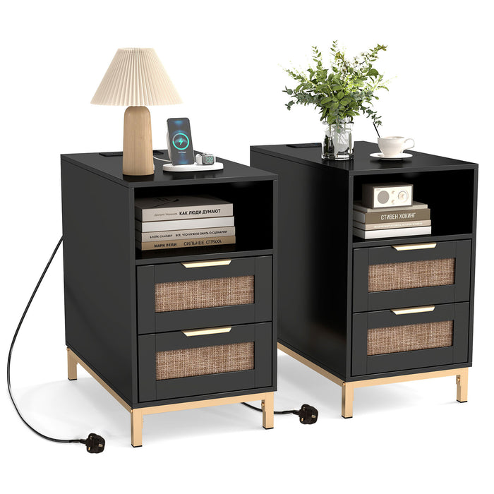 Set of 2 Narrow End Table with Charging Station Rattan Nightstand with 2 Drawers-