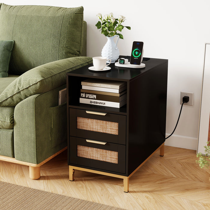 Set of 2 Narrow End Table with Charging Station Rattan Nightstand with 2 Drawers-