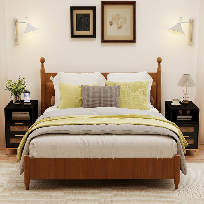 Set of 2 Narrow End Table with Charging Station Rattan Nightstand with 2 Drawers-