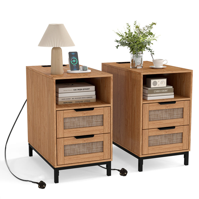 Set of 2 Narrow End Table with Charging Station Rattan Nightstand with 2 Drawers-