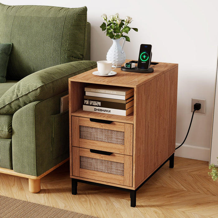 Set of 2 Narrow End Table with Charging Station Rattan Nightstand with 2 Drawers-