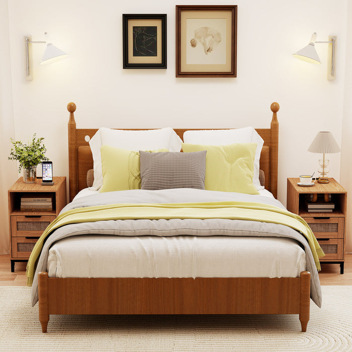 Set of 2 Narrow End Table with Charging Station Rattan Nightstand with 2 Drawers-