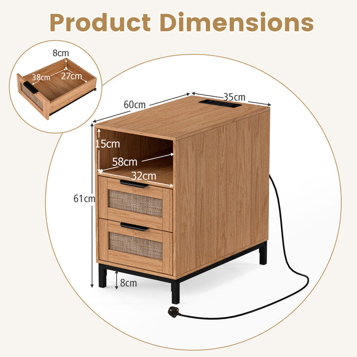 Set of 2 Narrow End Table with Charging Station Rattan Nightstand with 2 Drawers-