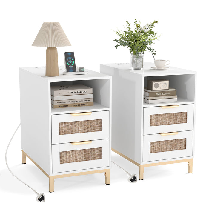 Set of 2 Narrow End Table with Charging Station Rattan Nightstand with 2 Drawers-