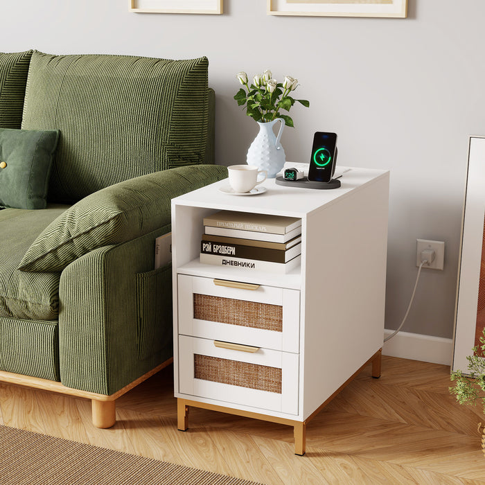 Set of 2 Narrow End Table with Charging Station Rattan Nightstand with 2 Drawers-