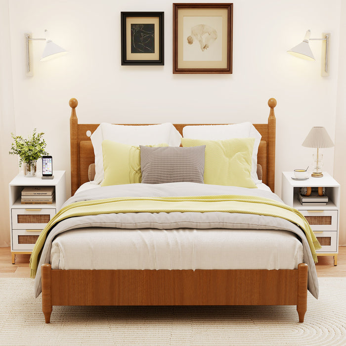 Set of 2 Narrow End Table with Charging Station Rattan Nightstand with 2 Drawers-
