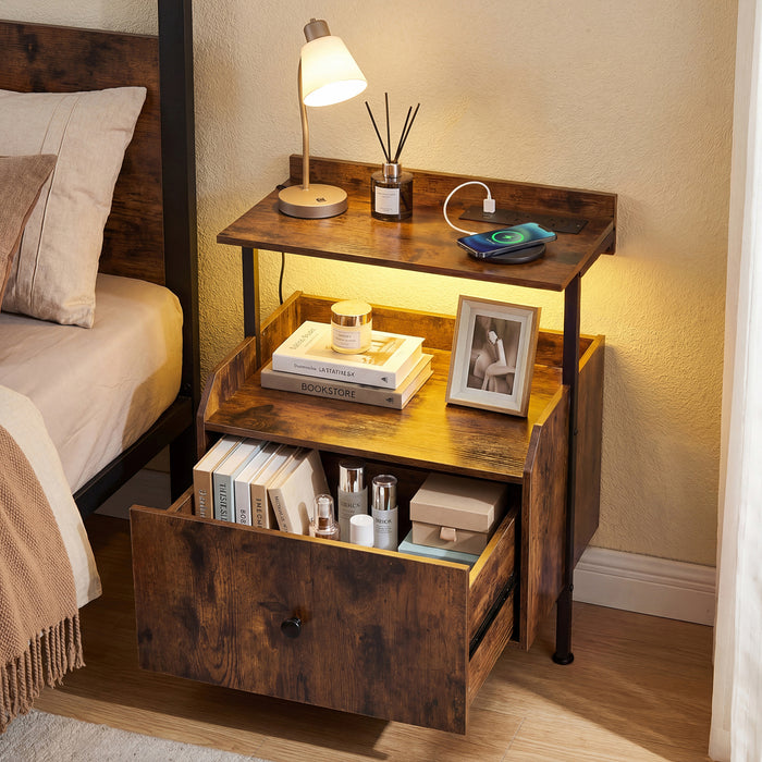 Set of 2 Nightstand Bedside Table with Charging Station-