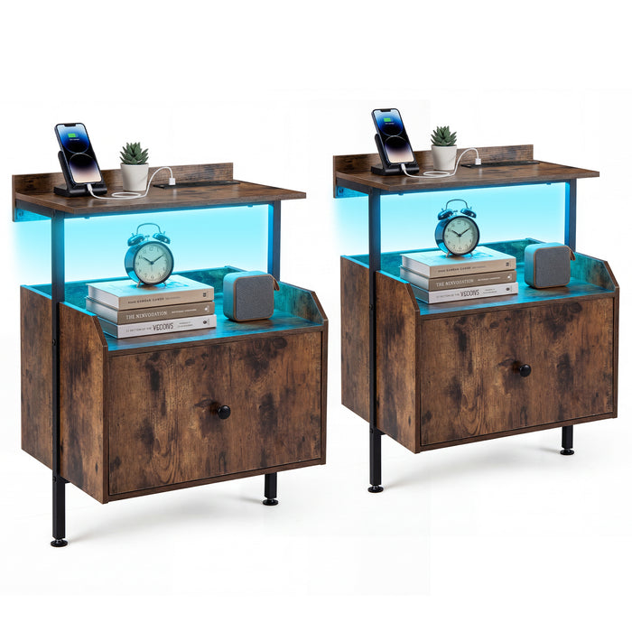 Set of 2 Nightstand Bedside Table with Charging Station-