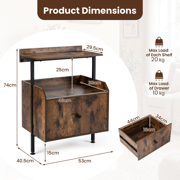 Set of 2 Nightstand Bedside Table with Charging Station-