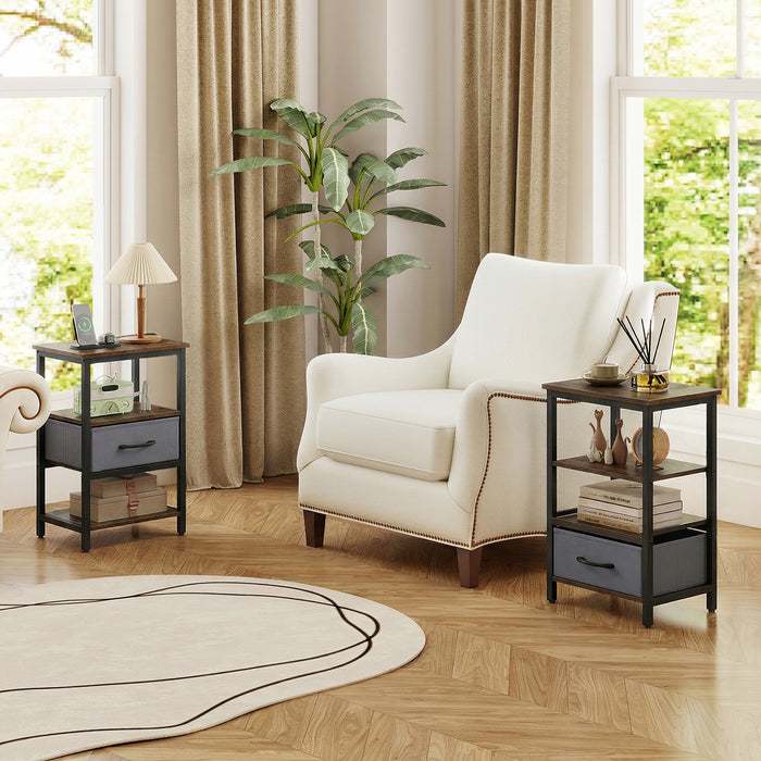 Set of 2 Nightstand Bedside Table with Charging Station and Drawer-