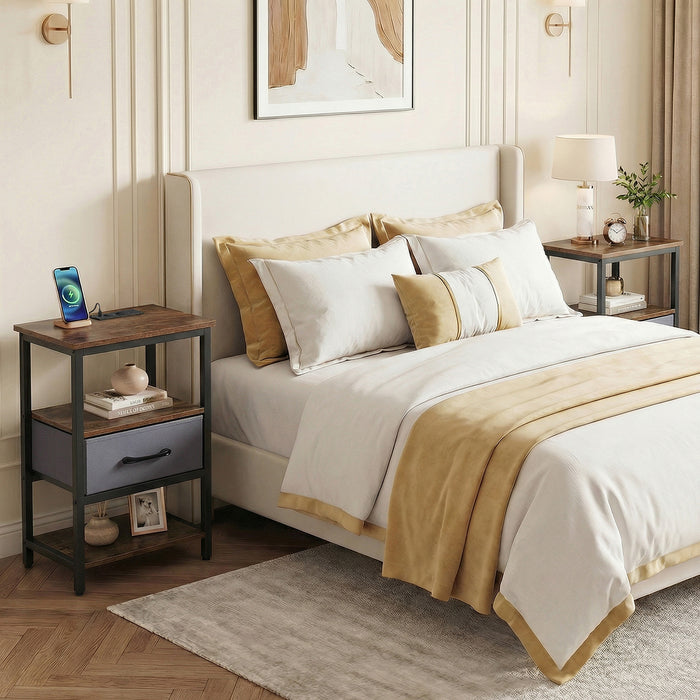 Set of 2 Nightstand Bedside Table with Charging Station and Drawer-