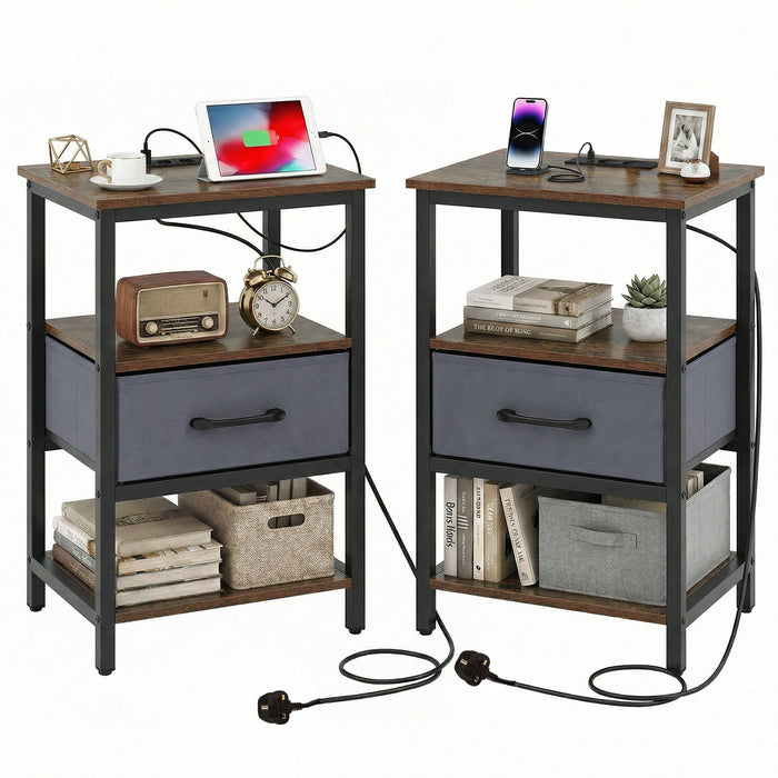 Set of 2 Nightstand Bedside Table with Charging Station and Drawer-