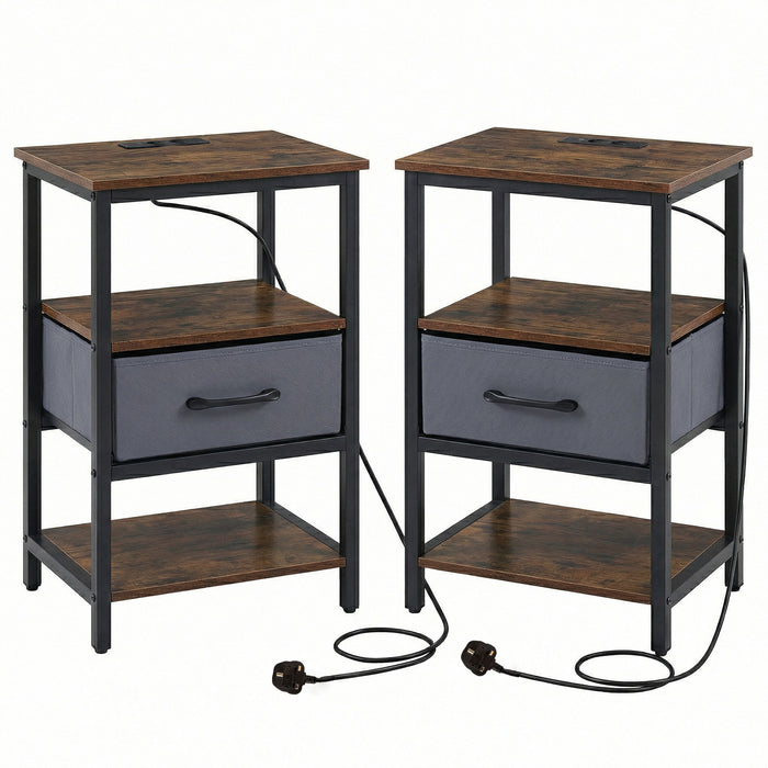 Set of 2 Nightstand Bedside Table with Charging Station and Drawer-