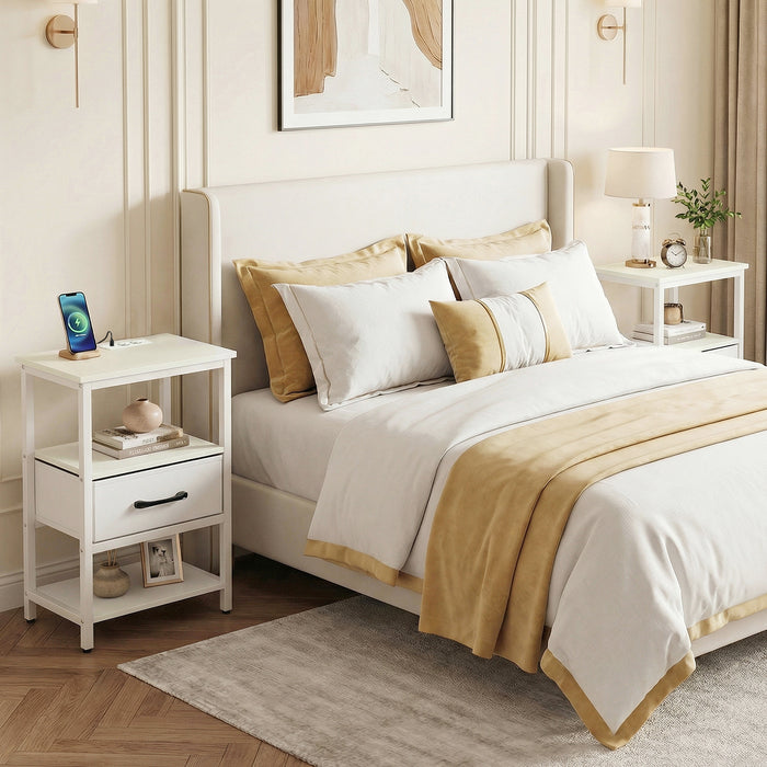 Set of 2 Nightstand Bedside Table with Charging Station and Drawer-
