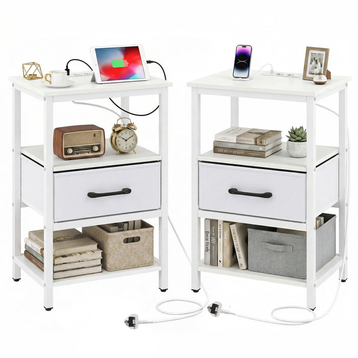 Set of 2 Nightstand Bedside Table with Charging Station and Drawer-