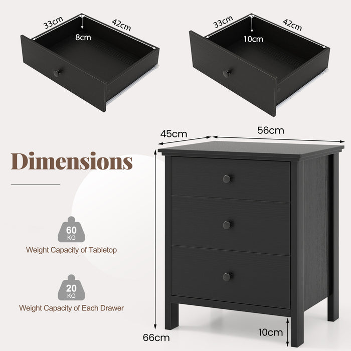 Set of 2 Nightstand with 3 Drawer for Bedroom Compact Storage Chest-