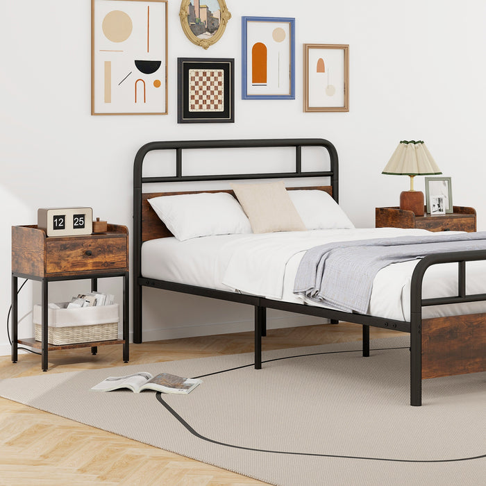 Set of 2 Nightstand with Charging Station Storage Drawer and Open Shelf-