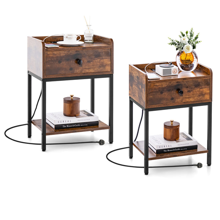 Set of 2 Nightstand with Charging Station Storage Drawer and Open Shelf-