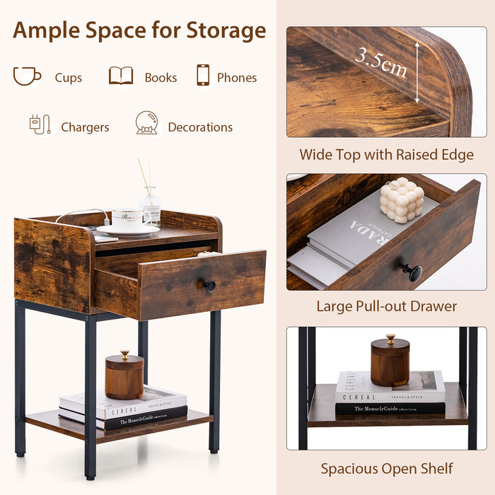 Set of 2 Nightstand with Charging Station Storage Drawer and Open Shelf-