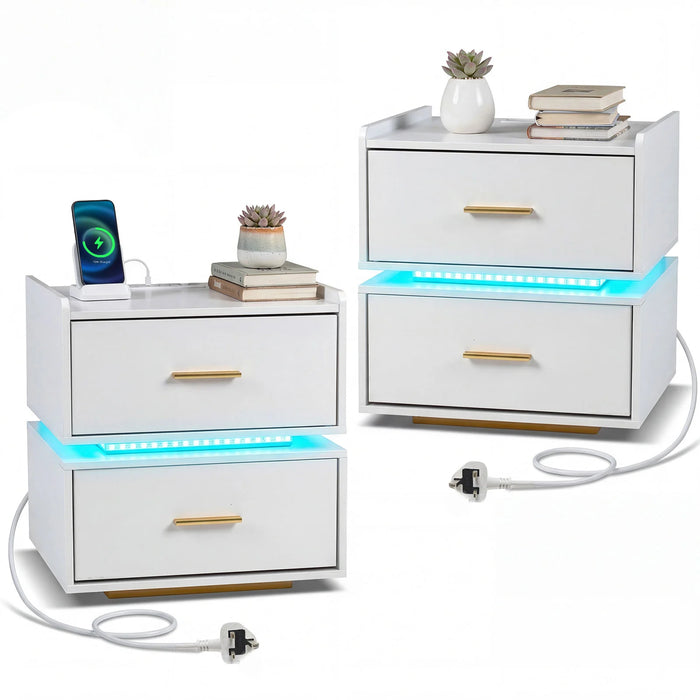 Set of 2 Nightstand with Charging Station and 2 Storage Drawers-