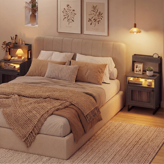 Set of 2 Nightstand with LED Lights Modern End Table with Top Tray-White
