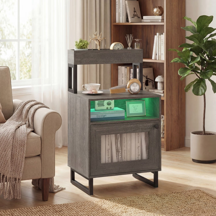 Set of 2 Nightstand with LED Lights Modern End Table with Top Tray-White