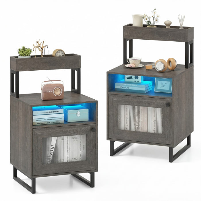 Set of 2 Nightstand with LED Lights Modern End Table with Top Tray-White