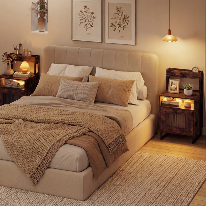 Set of 2 Nightstand with LED Lights Modern End Table with Top Tray-White