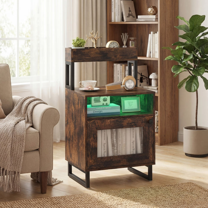 Set of 2 Nightstand with LED Lights Modern End Table with Top Tray-White