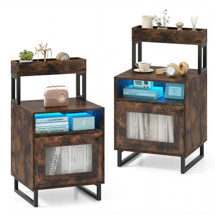 Set of 2 Nightstand with LED Lights Modern End Table with Top Tray-White