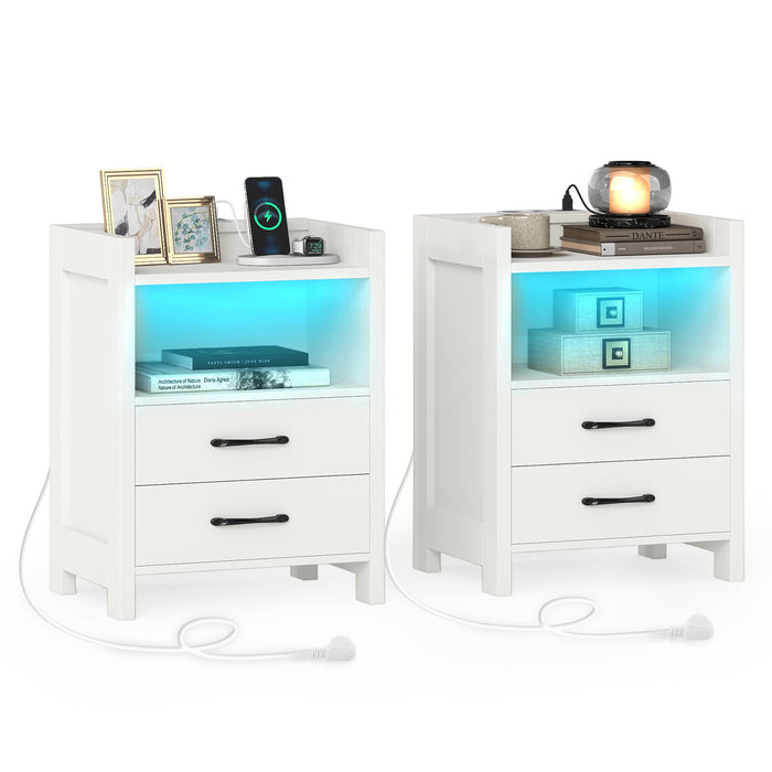 Set of 2 Nightstand with LED Lights and Power Outlets for Living Room-Rustic Brown