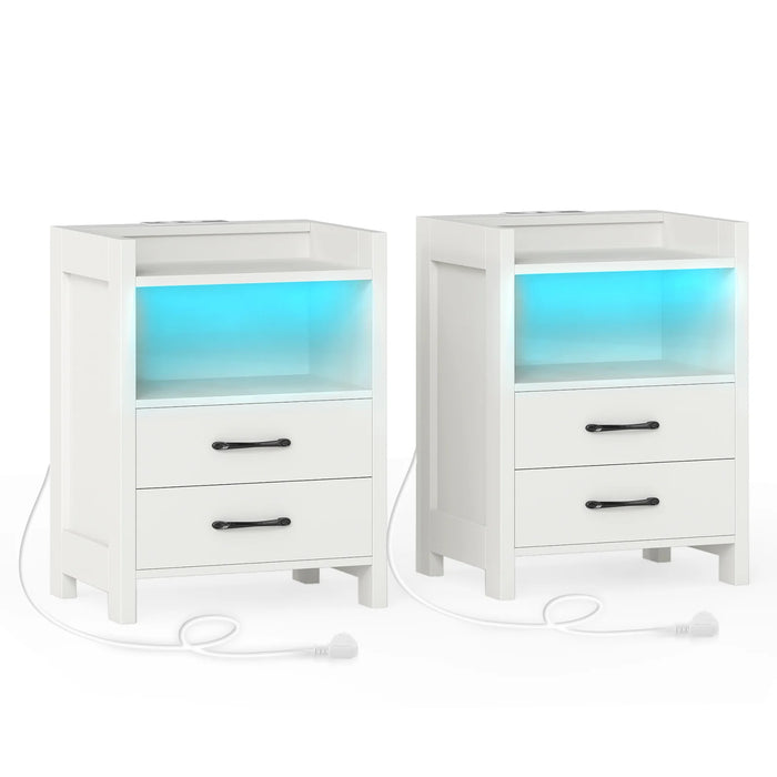 Set of 2 Nightstand with LED Lights and Power Outlets for Living Room-Rustic Brown