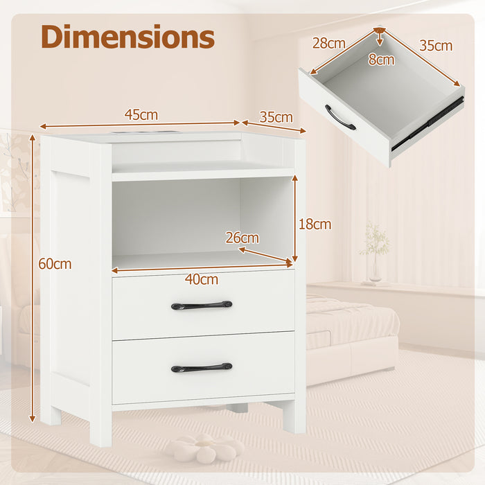 Set of 2 Nightstand with LED Lights and Power Outlets for Living Room-Rustic Brown
