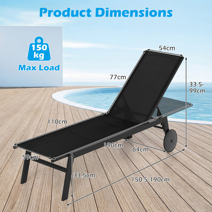 Set of 2 Patio Chaise Lounge Chair with Wheels Outdoor Recliner with 6-Level Adjustable Backrest-Grey