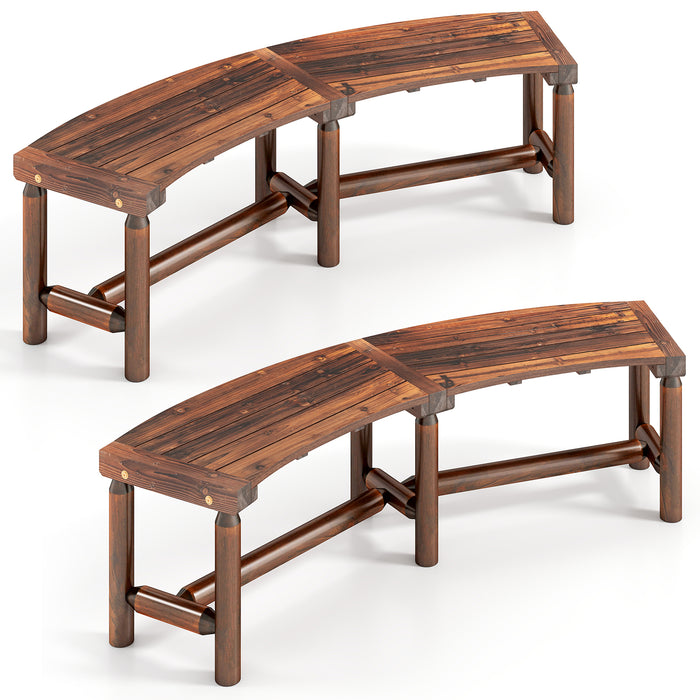 Set of 2 Patio Curved Bench Solid Wood Fire Pit Bench for 2-3 People Outdoor Backless Loveseat-
