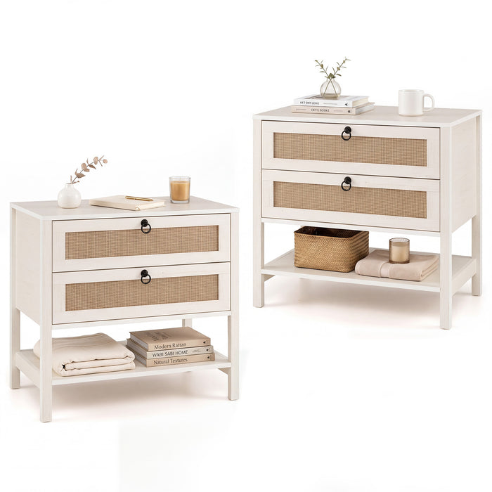 Set of 2 Rattan Nightstand 68 cm with 2 Drawers for Living Room Bedroom-