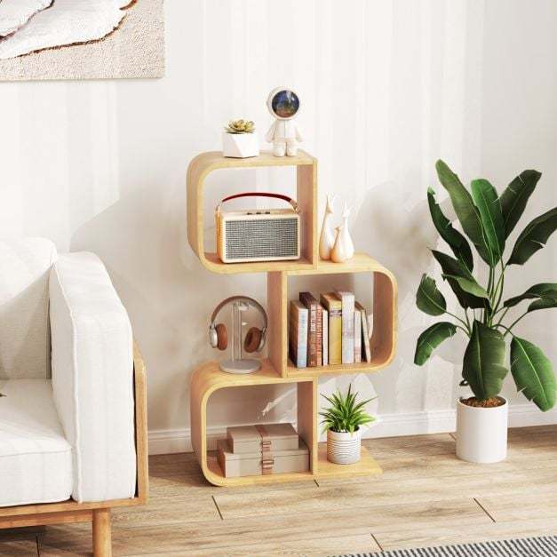 Set of 2 S-Shaped Bookcase Bamboo Bookshelf with 2 Open Cubes-4-Tier