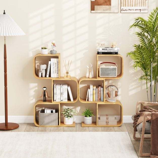 Set of 2 S-Shaped Bookcase Bamboo Bookshelf with 2 Open Cubes-4-Tier