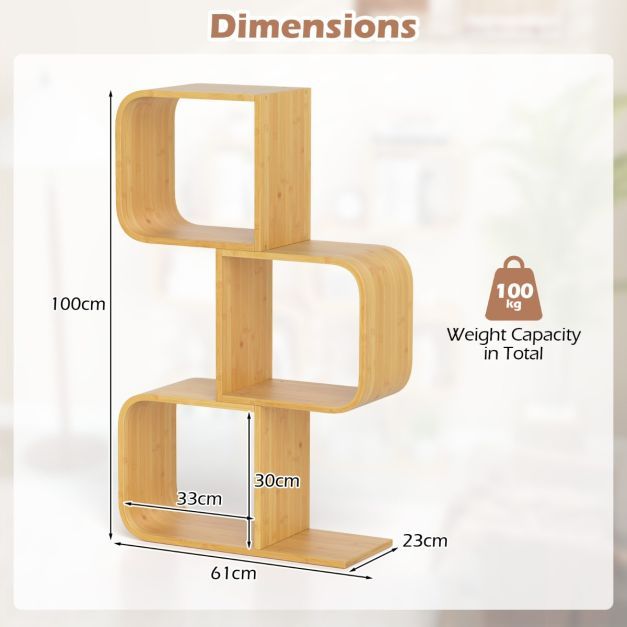 Set of 2 S-Shaped Bookcase Bamboo Bookshelf with 2 Open Cubes-4-Tier