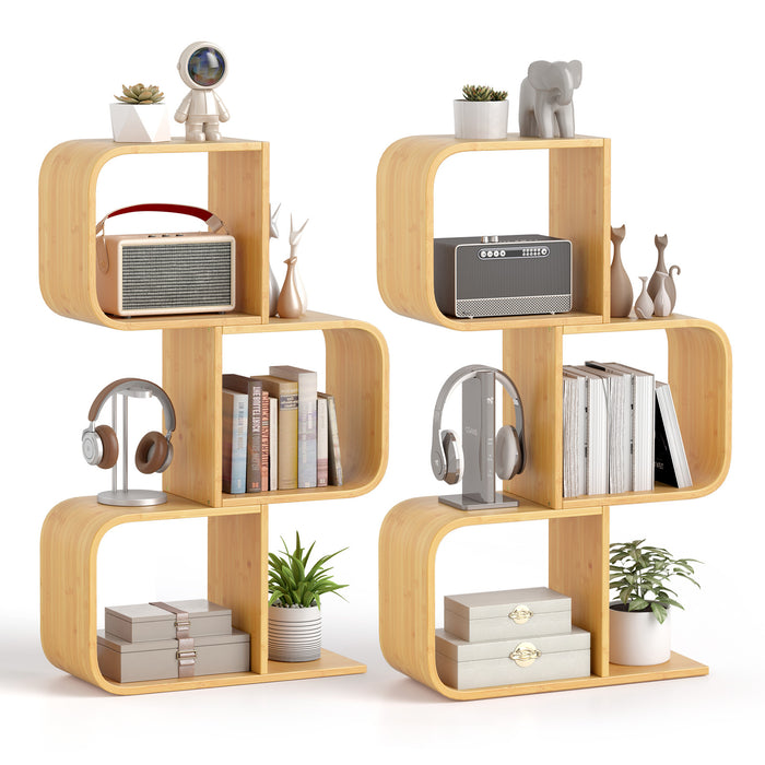 Set of 2 S-Shaped Bookcase Bamboo Bookshelf with 2 Open Cubes-4-Tier