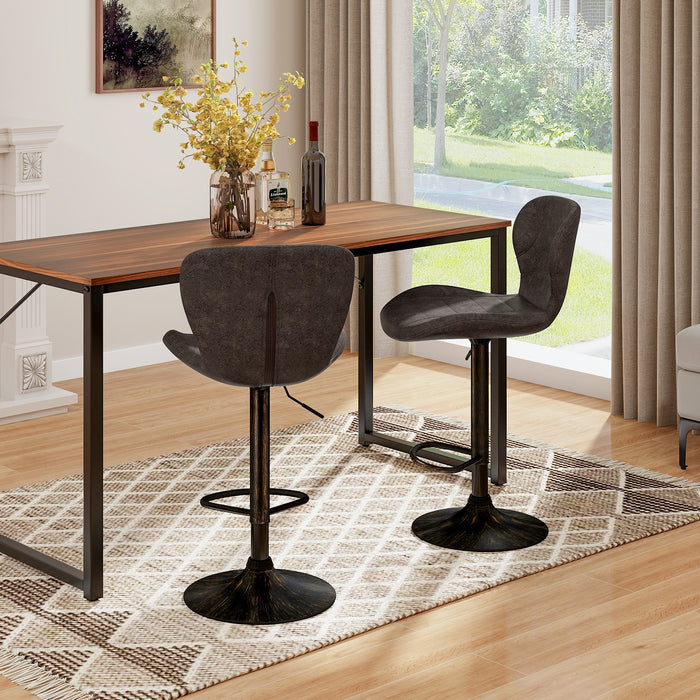 Set of 2 Bar Stools with Adjustable Height and Anti-Slip Metal Base-Brown