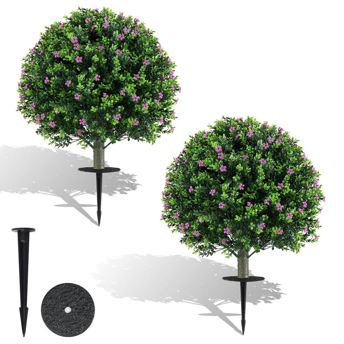 Set of 2 Boxwood Topiary Ball Trees with Ground Spikes for Yard