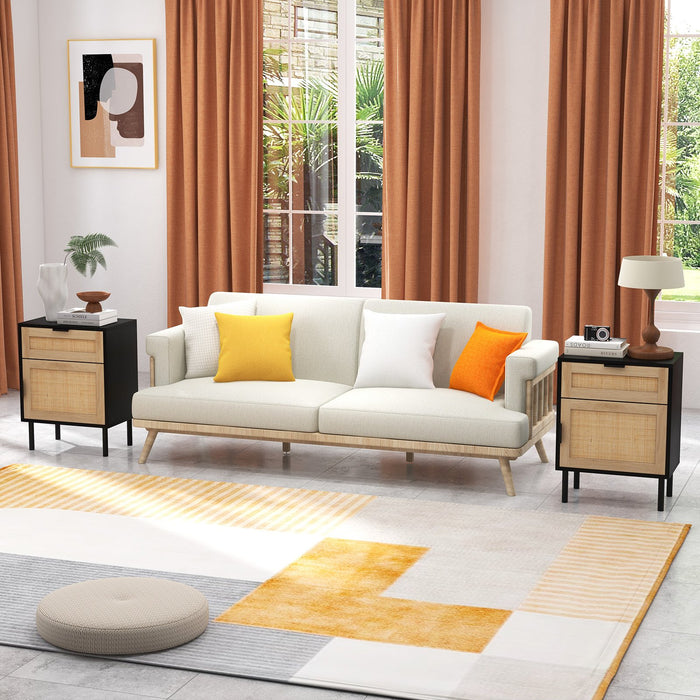 Set of 2 Rattan Nightstand with Drawer and Cabinet and Metal Legs-