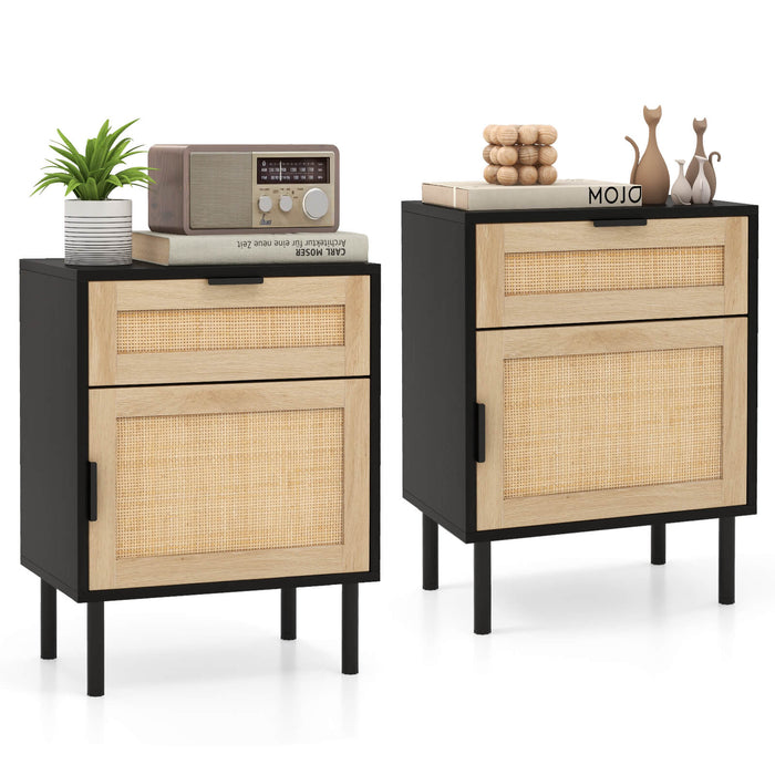 Set of 2 Rattan Nightstand with Drawer and Cabinet and Metal Legs-