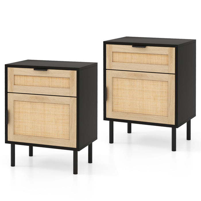 Set of 2 Rattan Nightstand with Drawer and Cabinet and Metal Legs-