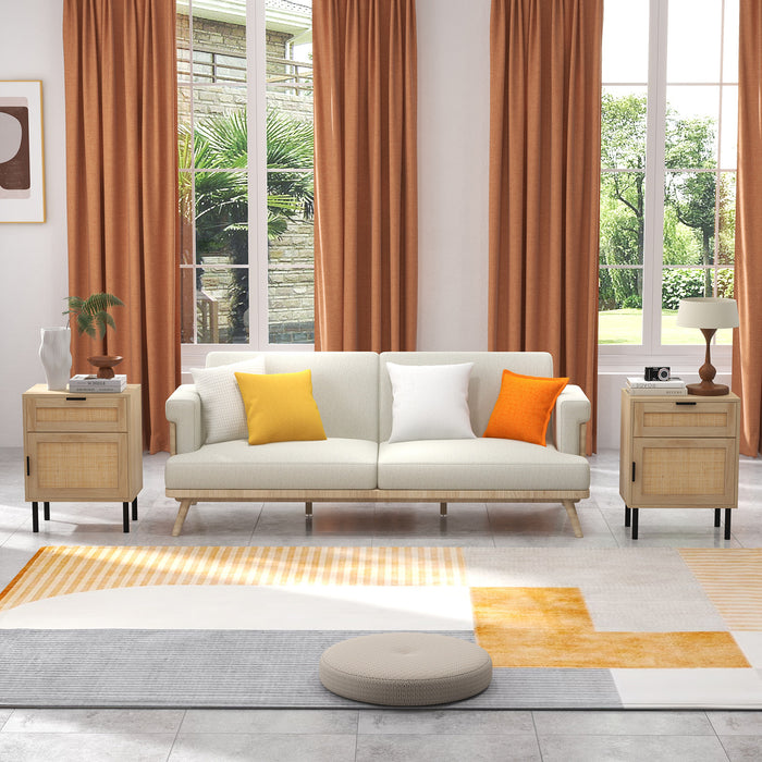 Set of 2 Rattan Nightstand with Drawer and Cabinet and Metal Legs-