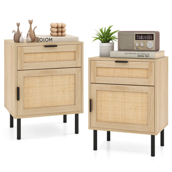 Set of 2 Rattan Nightstand with Drawer and Cabinet and Metal Legs-